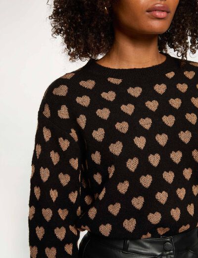 Pull col rond imprim&eacute; noir femme