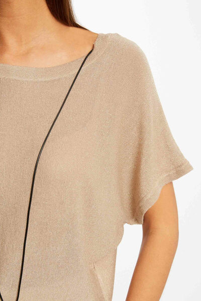 Pull manches courtes à détail bijou dore femme