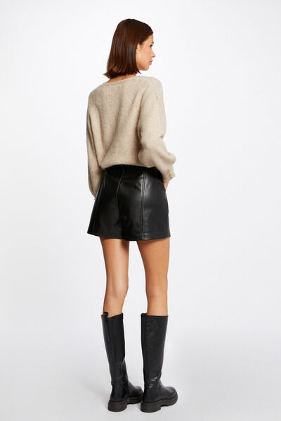 Pull manches longues à col en V beige femme