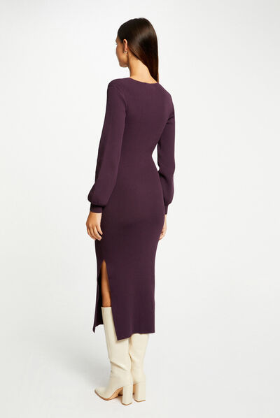 Robe pull longue ajustée à ornement prune femme