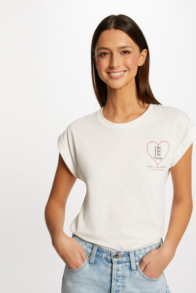 T-shirt manches courtes à inscription ecru femme