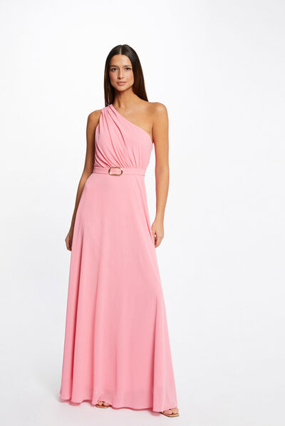 Robe longue évasée asymétrique rose clair femme