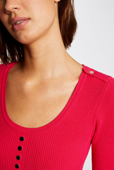Pull manches longues à col en U framboise femme