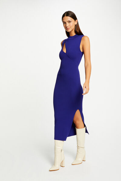 Robe pull longue ajustée avec fente bleu moyen femme