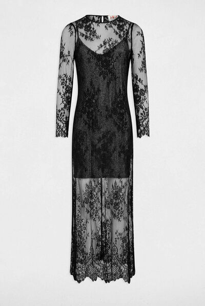Robe longue droite en dentelle noir femme
