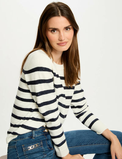 Pull col rond à rayures ecru femme