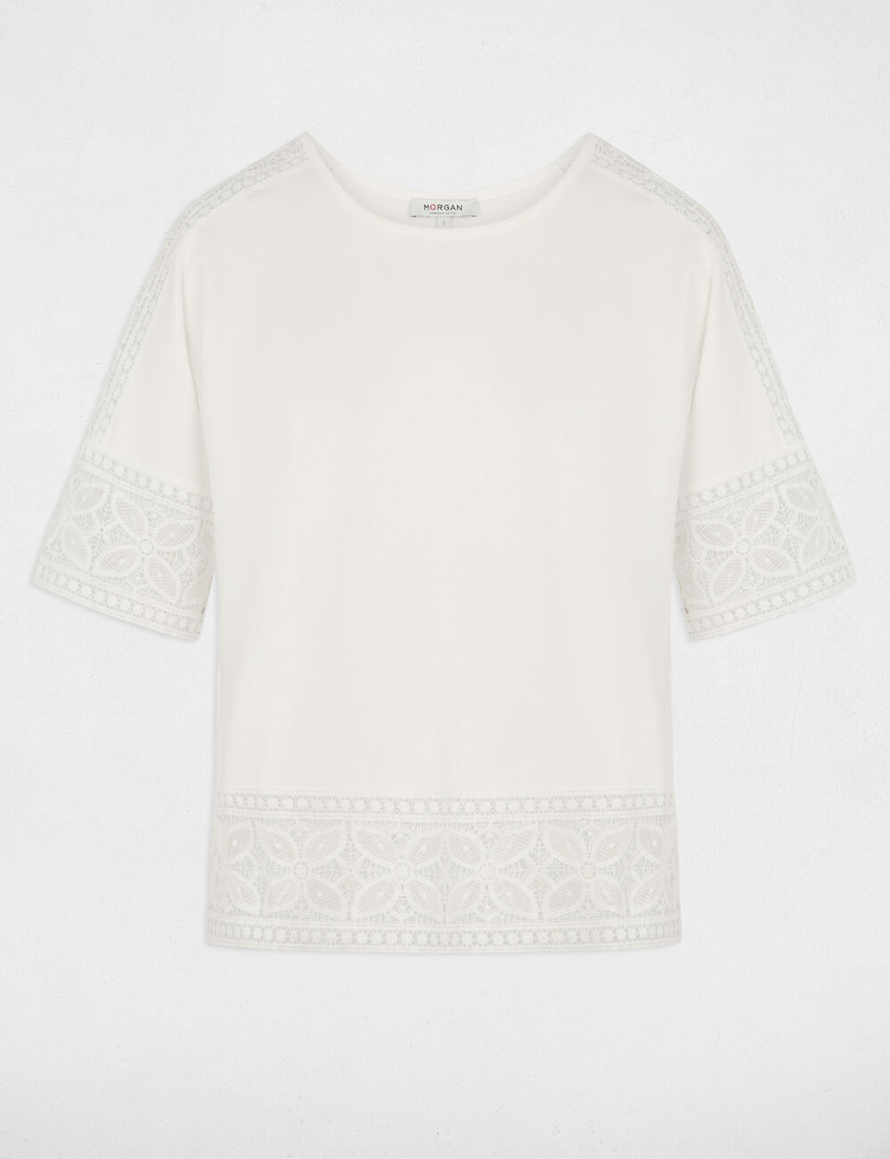 T-shirt dentelle col rond blanc femme