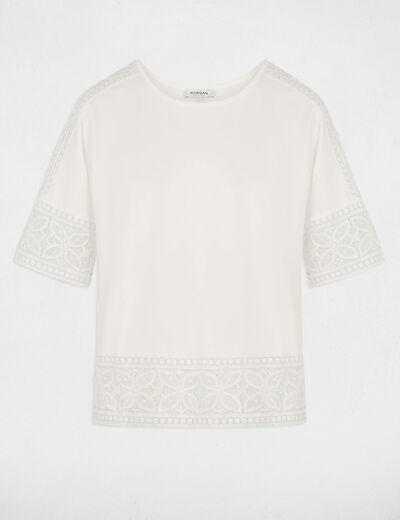 T-shirt dentelle col rond blanc femme