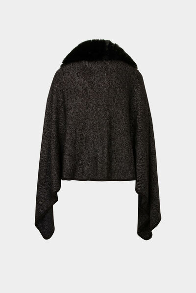 Poncho à détails imitation fourrure noir femme