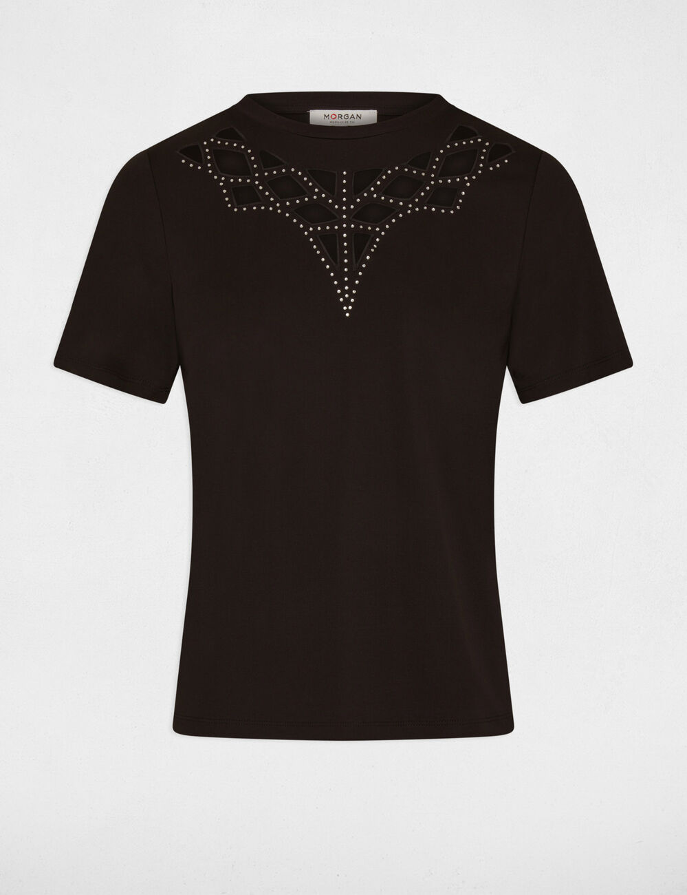 T-shirt manches courtes strass noir femme