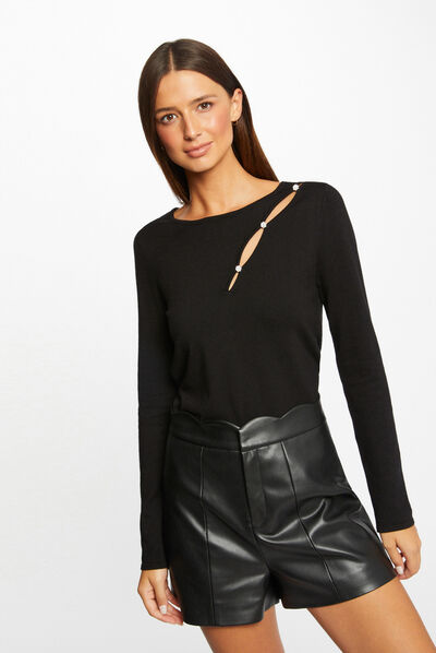 Pull manches longues avec fente noir femme