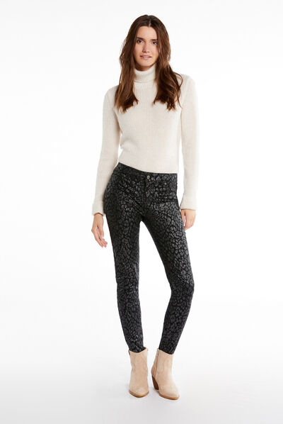 Pantalon skinny enduit imprimé léopard noir femme