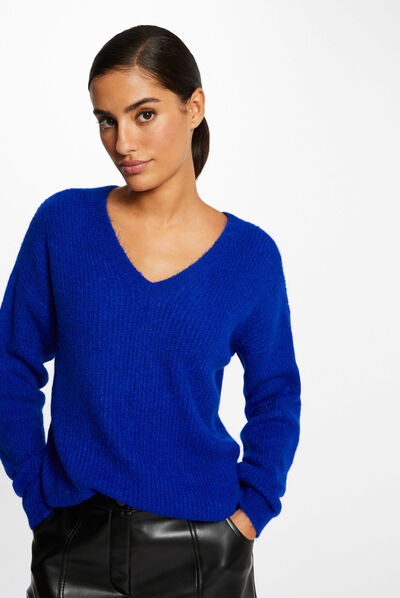 Pull manches longues à col en V bleu electrique femme
