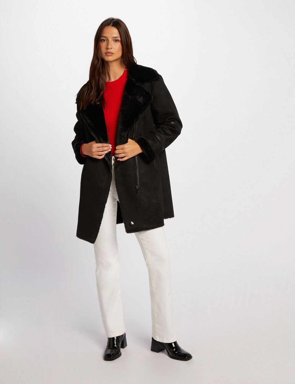 Manteau long su&eacute;dine noir femme