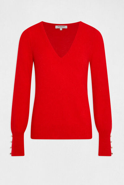 Pull manches longues col en V rouge femme