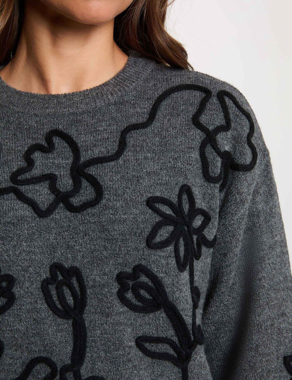 Pull col rond fantaisie gris fonc&eacute; femme