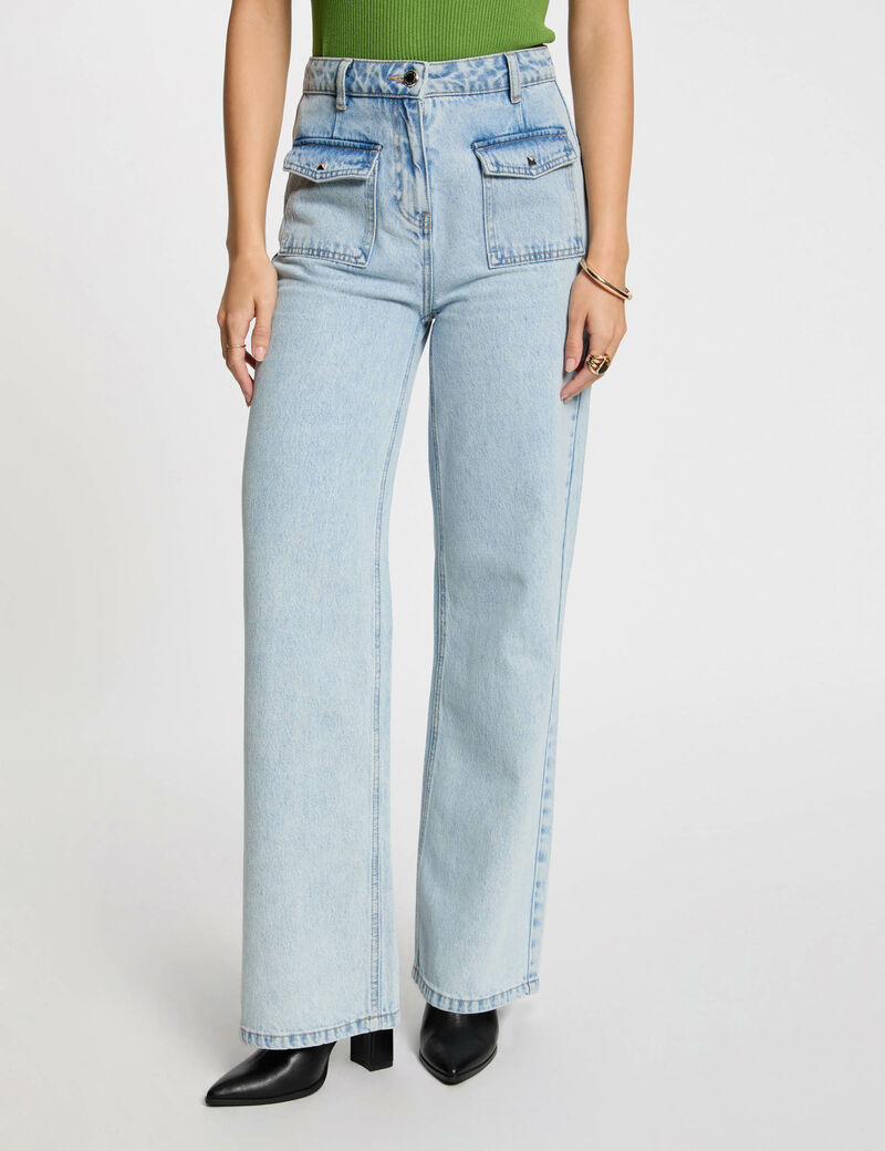Jeans large taille haute denim bleach femme