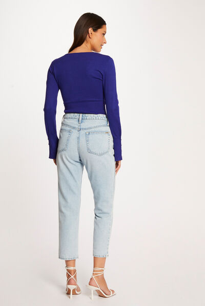 Pull manches longues avec col en V bleu moyen femme