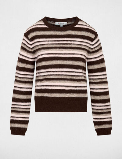 Pull ray&eacute; col rond marron femme