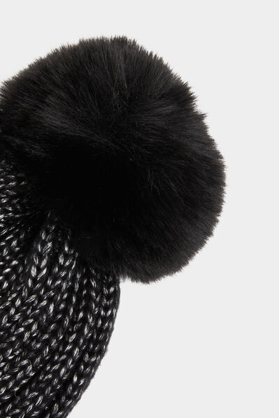 Bonnet avec pompon et fils métallisés noir femme