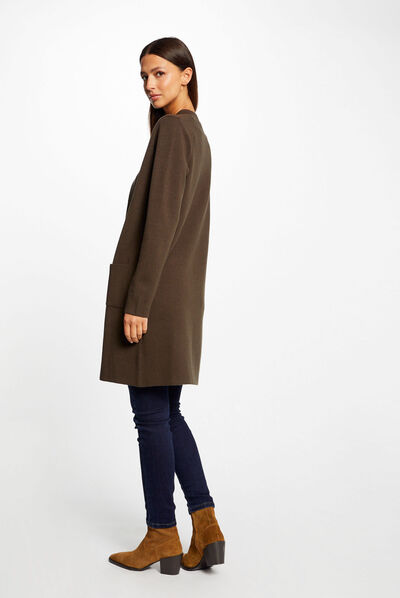 Gilet long droit col ouvert vert fonce femme