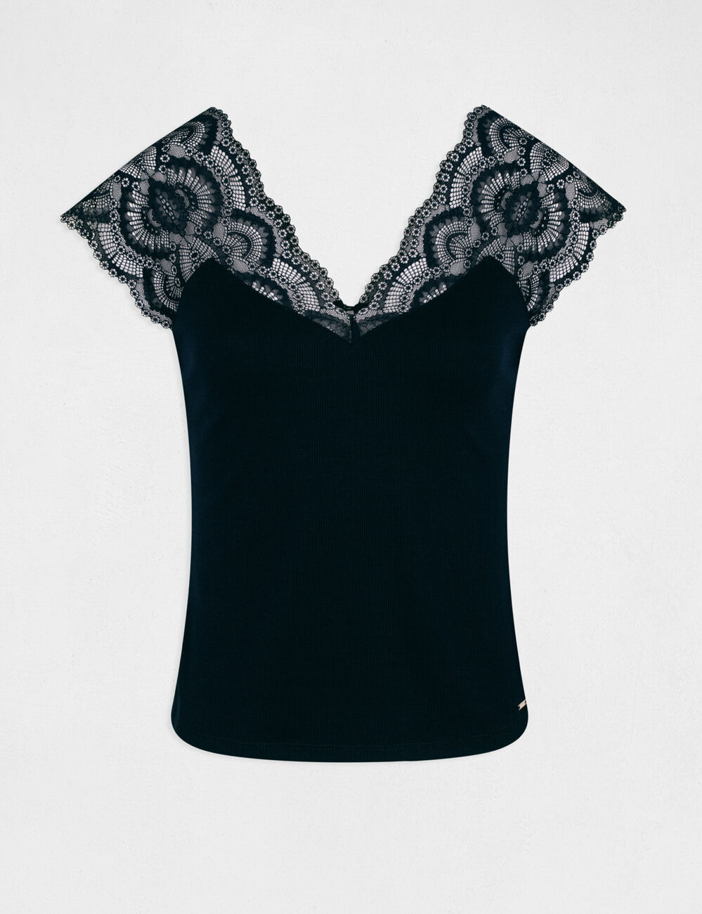 T-shirt manches courtes &agrave; dentelle marine femme