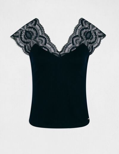 T-shirt manches courtes &agrave; dentelle marine femme