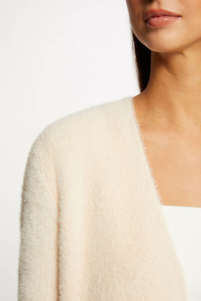 Gilet long maille duveteuse rose clair femme