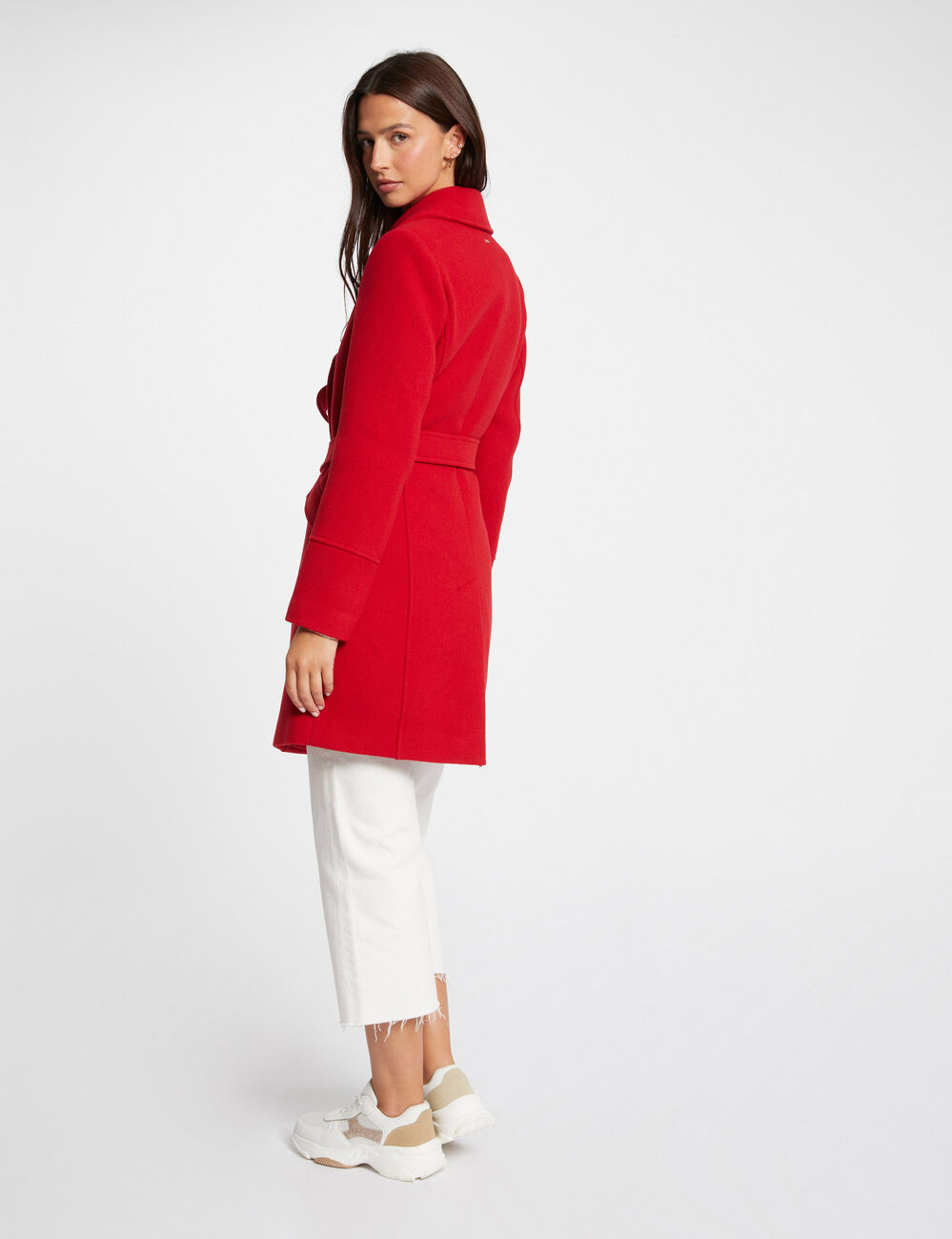 Manteau long ceintur&eacute; rouge femme