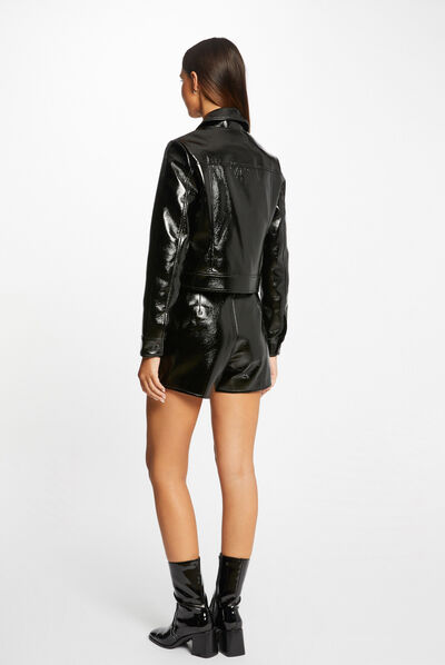 Veste droite boutonnée simili cuir noir femme