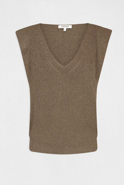 Pull manches courtes à épaulettes vert kaki femme