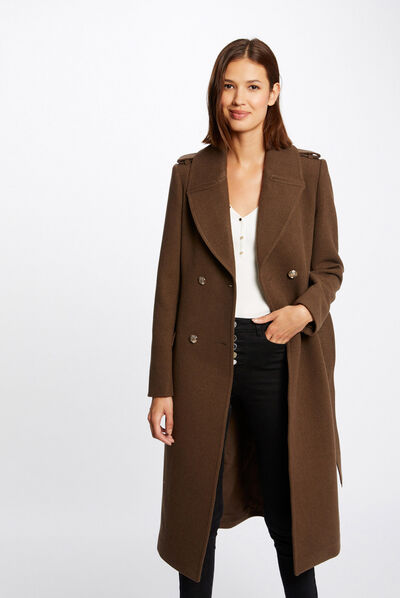 Manteau droit boutonné et ceinturé olive femme