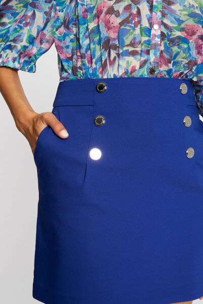 Jupe droite taille haute avec boutons bleu electrique femme