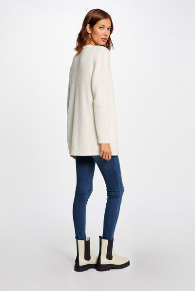 Gilet long maille duveteuse ivoire femme