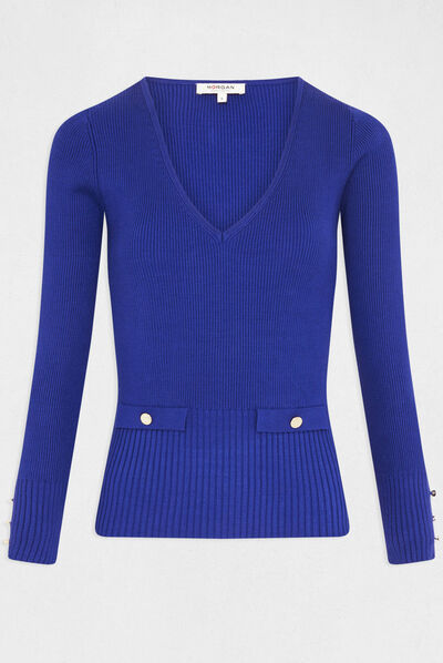 Pull manches longues côtelé à col en V bleu moyen femme