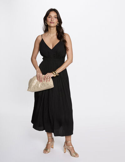 Robe midi droite plissée noir femme
