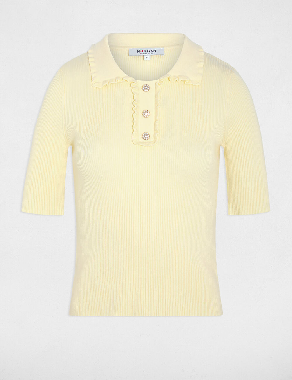 Pull col &agrave; revers jaune pastel femme