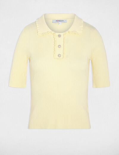 Pull col &agrave; revers jaune pastel femme