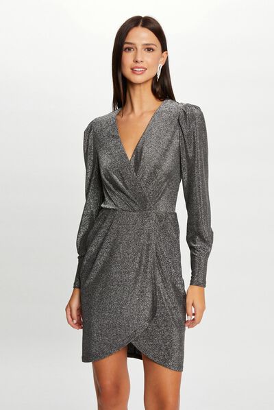 Robe ajustée drapée fils métallisés argente femme
