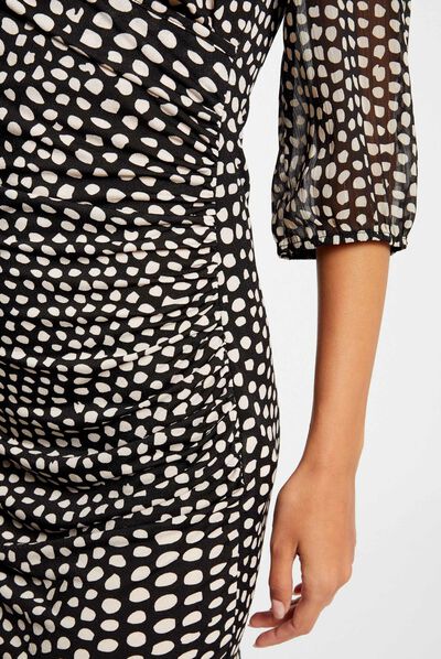 Robe ajustée drapée imprimé à pois noir femme