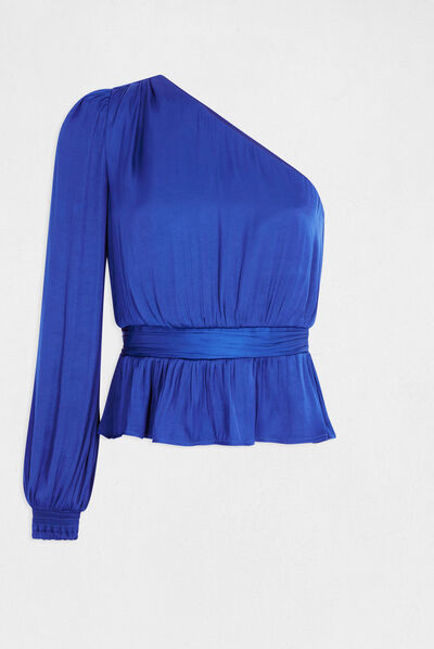 Blouse asymétrique smockée bleu electrique femme