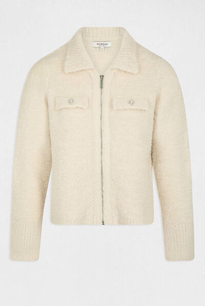 Gilet manches longues avec col à revers ivoire femme