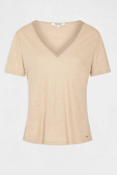 T-shirt manches courtes à col en V beige femme