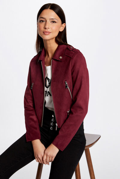 Blouson droit aspect suédine bordeaux femme