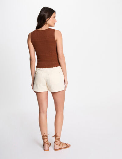 Top maille col en V marron cognac femme