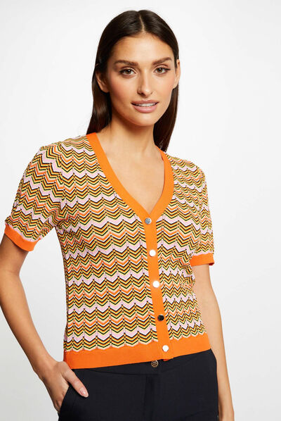 Pull manches courtes imprimé chevron orange femme