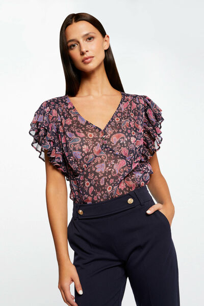 Blouse manches courtes imprimé cachemire marine femme