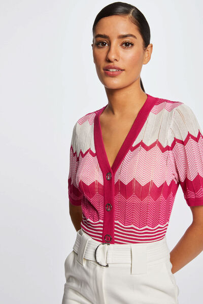 Pull manches courtes imprimé chevron rose fonce femme