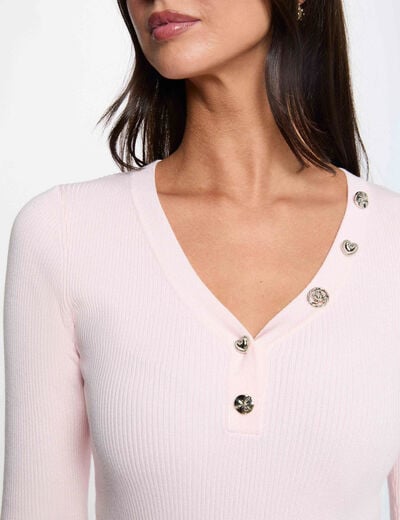 Pull col v fantaisie rose clair femme