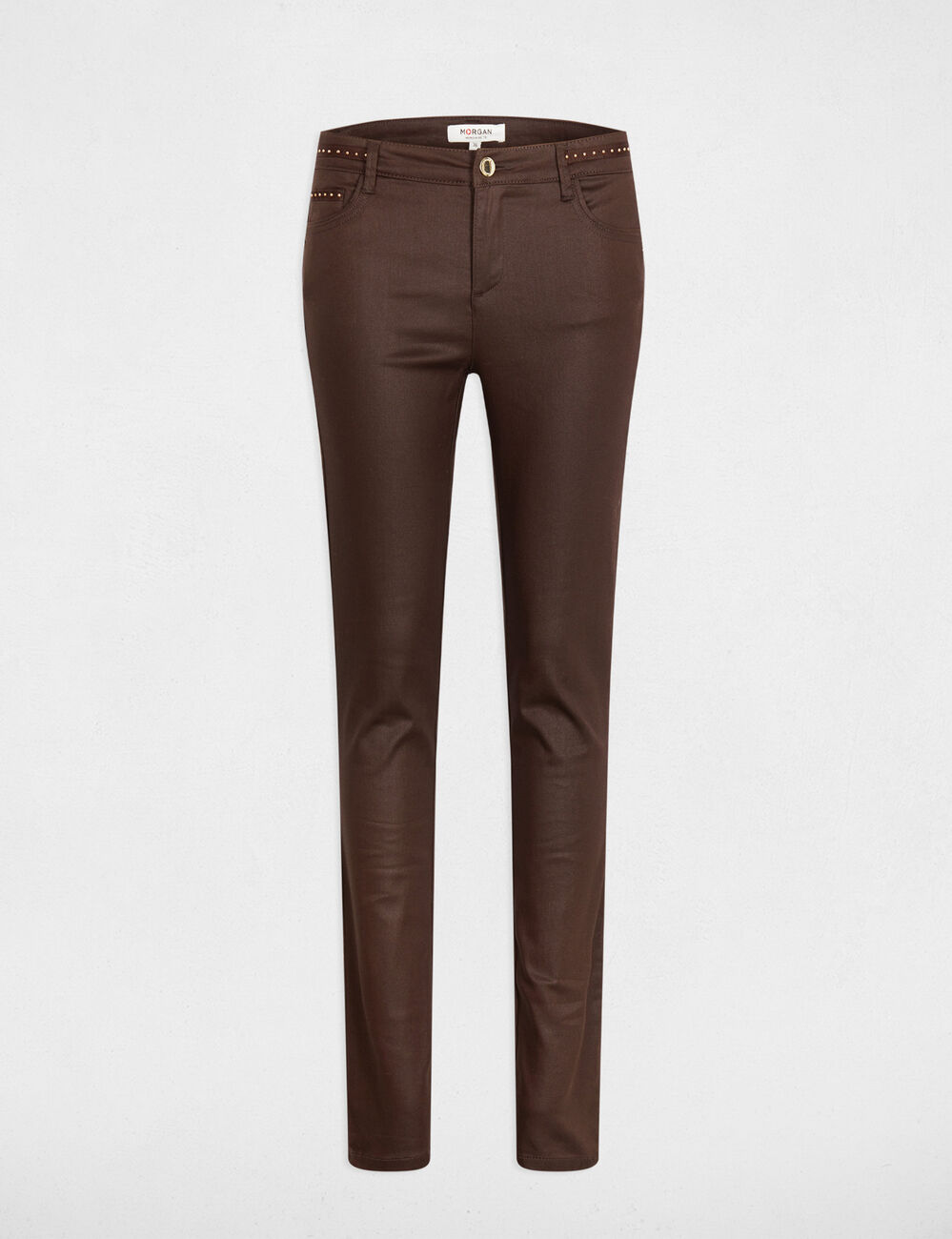 Pantalon slim enduit marron fonc&eacute; femme